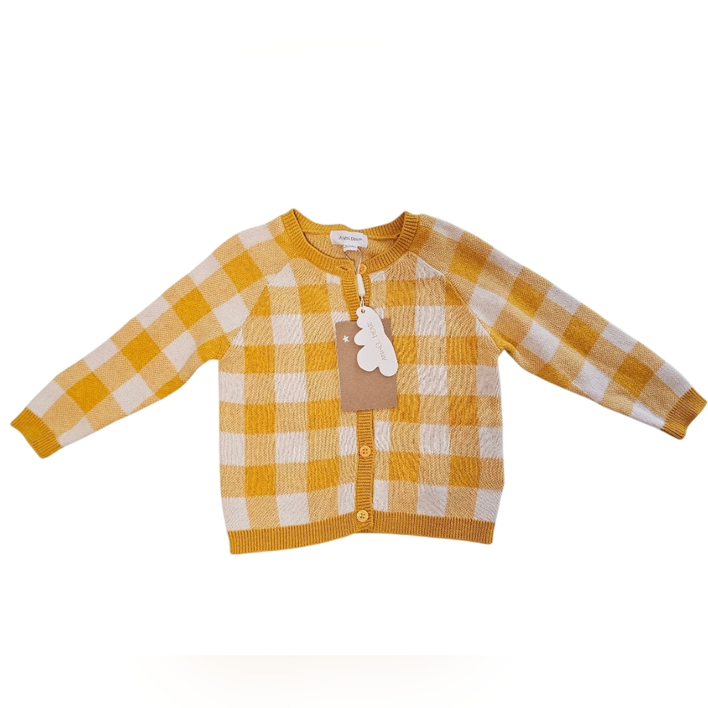 Angel Dear Gingham Mustard Yellow Cardigan Sz 6-12m NEW